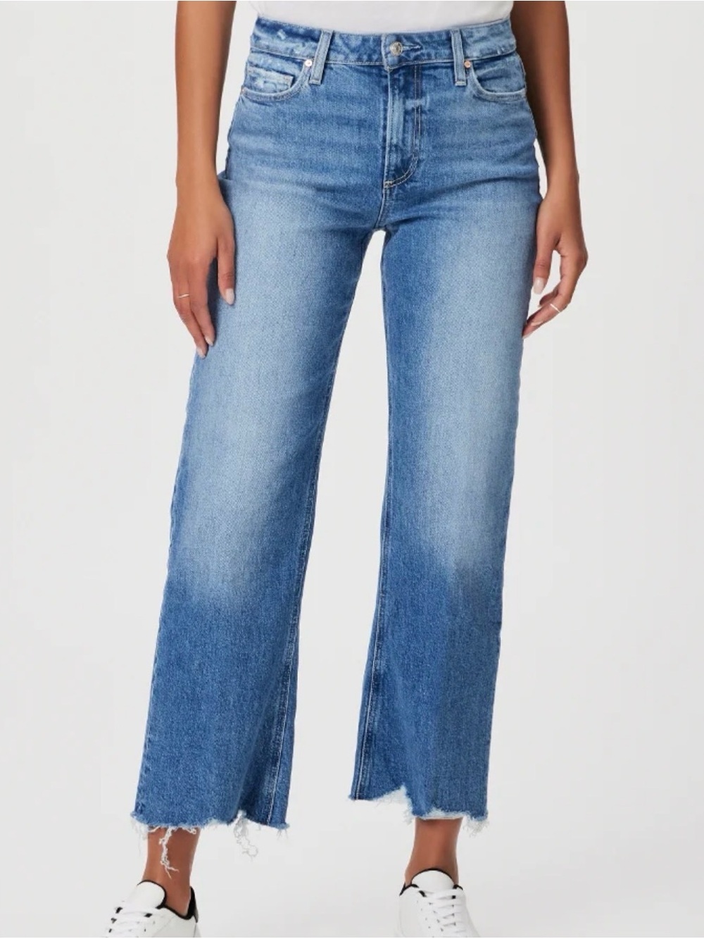 PAIGE Wide-Leg High-Rise Leenah Ankle Charming Distressed Allegro Jeans. 25.
